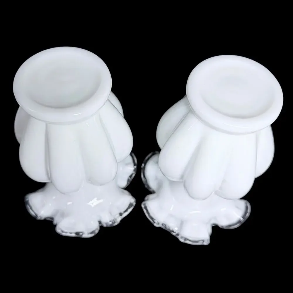 Vtg Fenton White Milk Glass Vase Clear Silver Crest Ruffled Rim Set of 2 Small